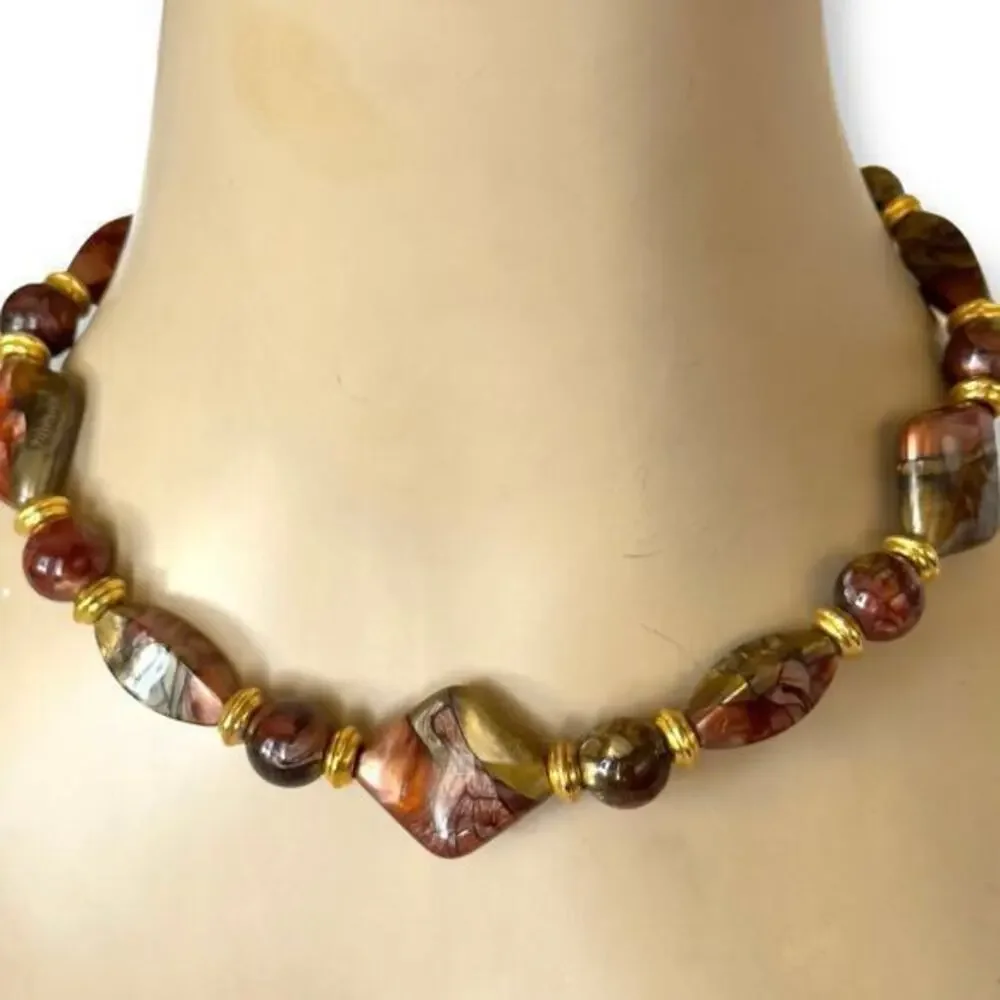 Vintage 32” Thermoset Lucite Tiger’s Eye Opalescent Moon Glow Necklace 1960s